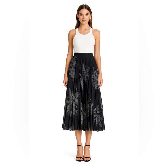 Parachute Dresses & Skirts - Parachute Black Pleated Midi Skirt with Silver Floral Print